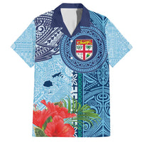 Fiji Day Family Matching Off Shoulder Short Dress and Hawaiian Shirt Tapa Pattern and Hibiscus Flower LT03 Dad's Shirt - Short Sleeve Blue - Polynesian Pride