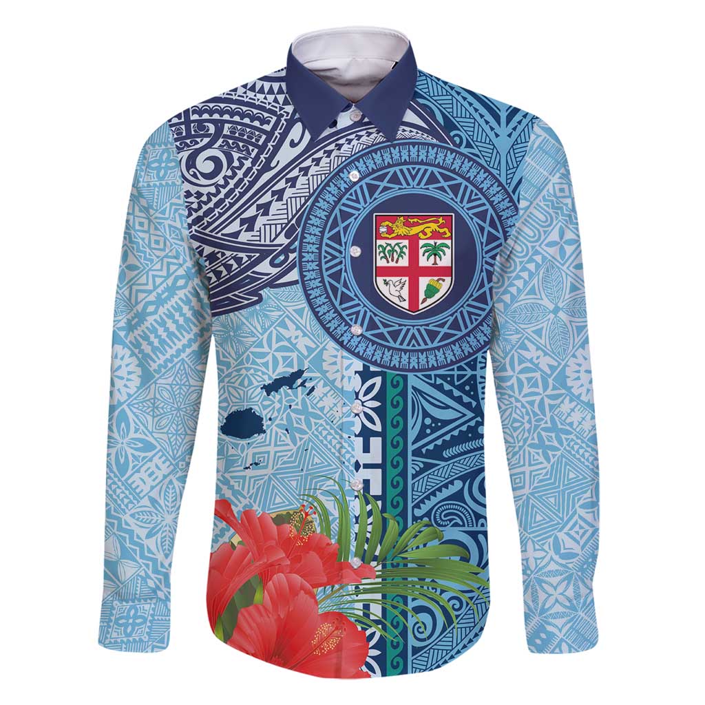 Fiji Day Family Matching Off Shoulder Short Dress and Hawaiian Shirt Tapa Pattern and Hibiscus Flower LT03 Dad's Shirt - Long Sleeve Blue - Polynesian Pride