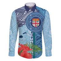Fiji Day Family Matching Off Shoulder Short Dress and Hawaiian Shirt Tapa Pattern and Hibiscus Flower LT03 Dad's Shirt - Long Sleeve Blue - Polynesian Pride
