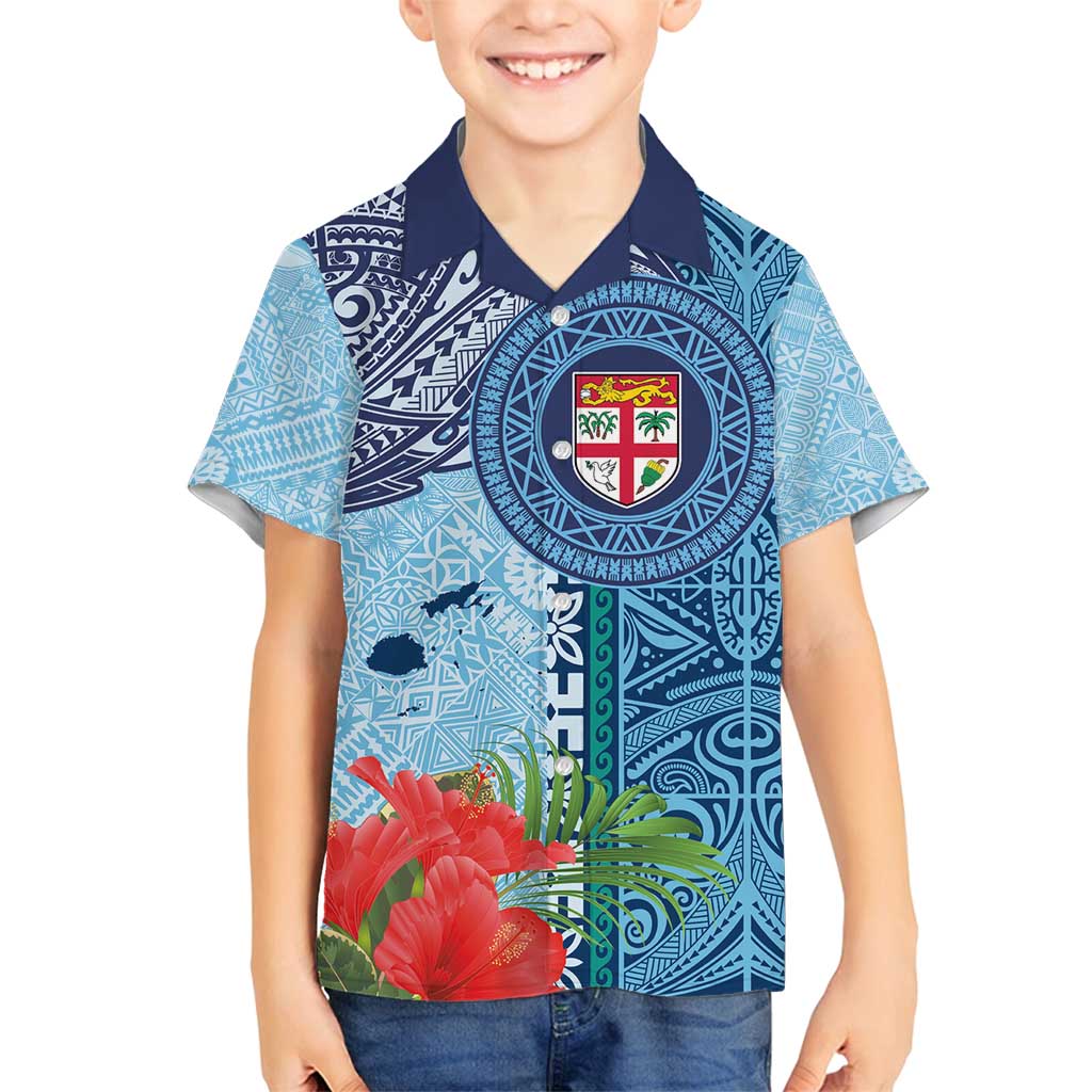 Fiji Day Family Matching Off Shoulder Short Dress and Hawaiian Shirt Tapa Pattern and Hibiscus Flower LT03 Son's Shirt Blue - Polynesian Pride