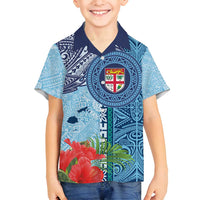Fiji Day Family Matching Off Shoulder Short Dress and Hawaiian Shirt Tapa Pattern and Hibiscus Flower LT03 Son's Shirt Blue - Polynesian Pride
