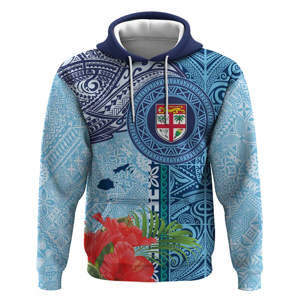 Fiji Day Hoodie Tapa Pattern and Hibiscus Flower LT03 Pullover Hoodie Blue - Polynesian Pride