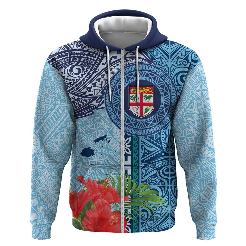 Fiji Day Hoodie Tapa Pattern and Hibiscus Flower LT03 Zip Hoodie Blue - Polynesian Pride