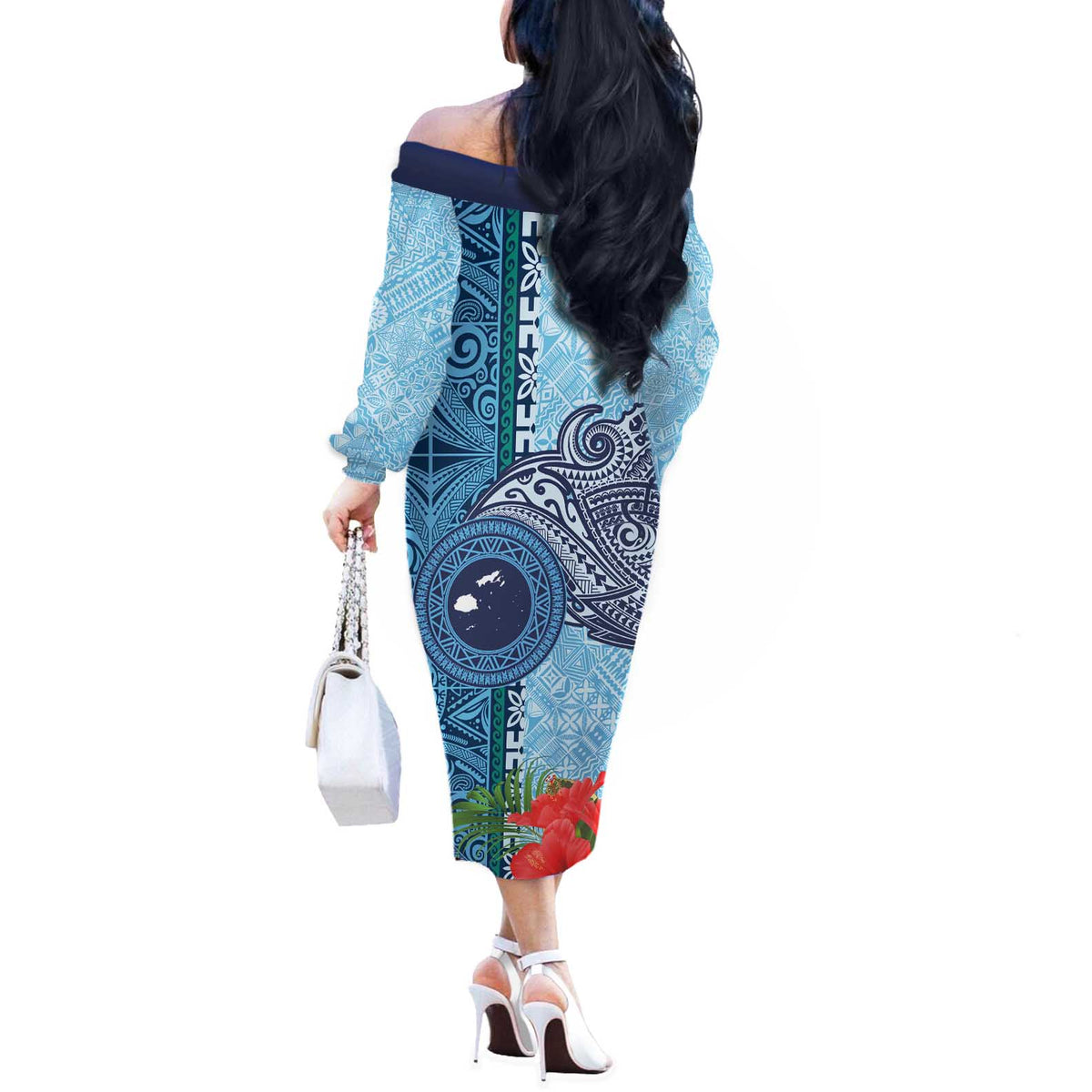 Fiji Day Off The Shoulder Long Sleeve Dress Tapa Pattern and Hibiscus Flower