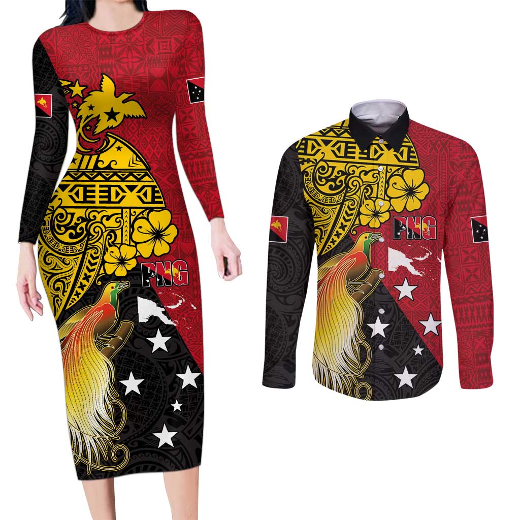 Papua New Guinea Independence Day Couples Matching Long Sleeve Bodycon Dress and Long Sleeve Button Shirt Bird-of-Paradise with Map and Polynesian Pattern