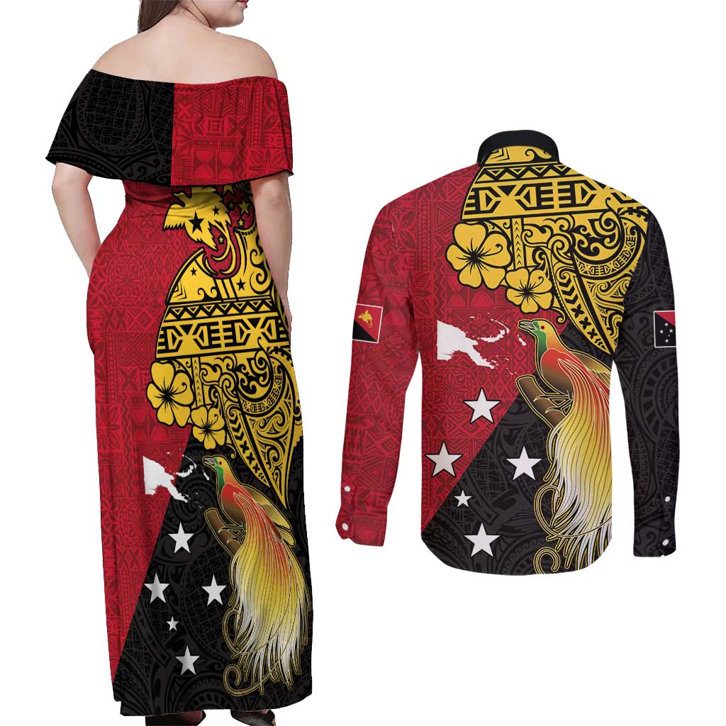 Papua New Guinea Independence Day Couples Matching Off Shoulder Maxi Dress and Long Sleeve Button Shirt Bird-of-Paradise with Map and Polynesian Pattern