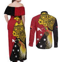 Papua New Guinea Independence Day Couples Matching Off Shoulder Maxi Dress and Long Sleeve Button Shirt Bird-of-Paradise with Map and Polynesian Pattern