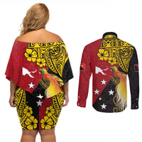 Papua New Guinea Independence Day Couples Matching Off Shoulder Short Dress and Long Sleeve Button Shirt Bird-of-Paradise with Map and Polynesian Pattern