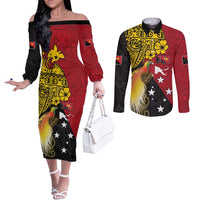 Papua New Guinea Independence Day Couples Matching Off The Shoulder Long Sleeve Dress and Long Sleeve Button Shirt Bird-of-Paradise with Map and Polynesian Pattern