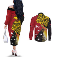 Papua New Guinea Independence Day Couples Matching Off The Shoulder Long Sleeve Dress and Long Sleeve Button Shirt Bird-of-Paradise with Map and Polynesian Pattern