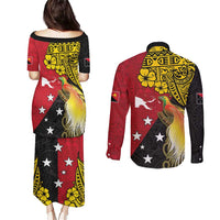 Papua New Guinea Independence Day Couples Matching Puletasi and Long Sleeve Button Shirt Bird-of-Paradise with Map and Polynesian Pattern
