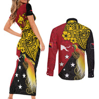 Papua New Guinea Independence Day Couples Matching Short Sleeve Bodycon Dress and Long Sleeve Button Shirt Bird-of-Paradise with Map and Polynesian Pattern