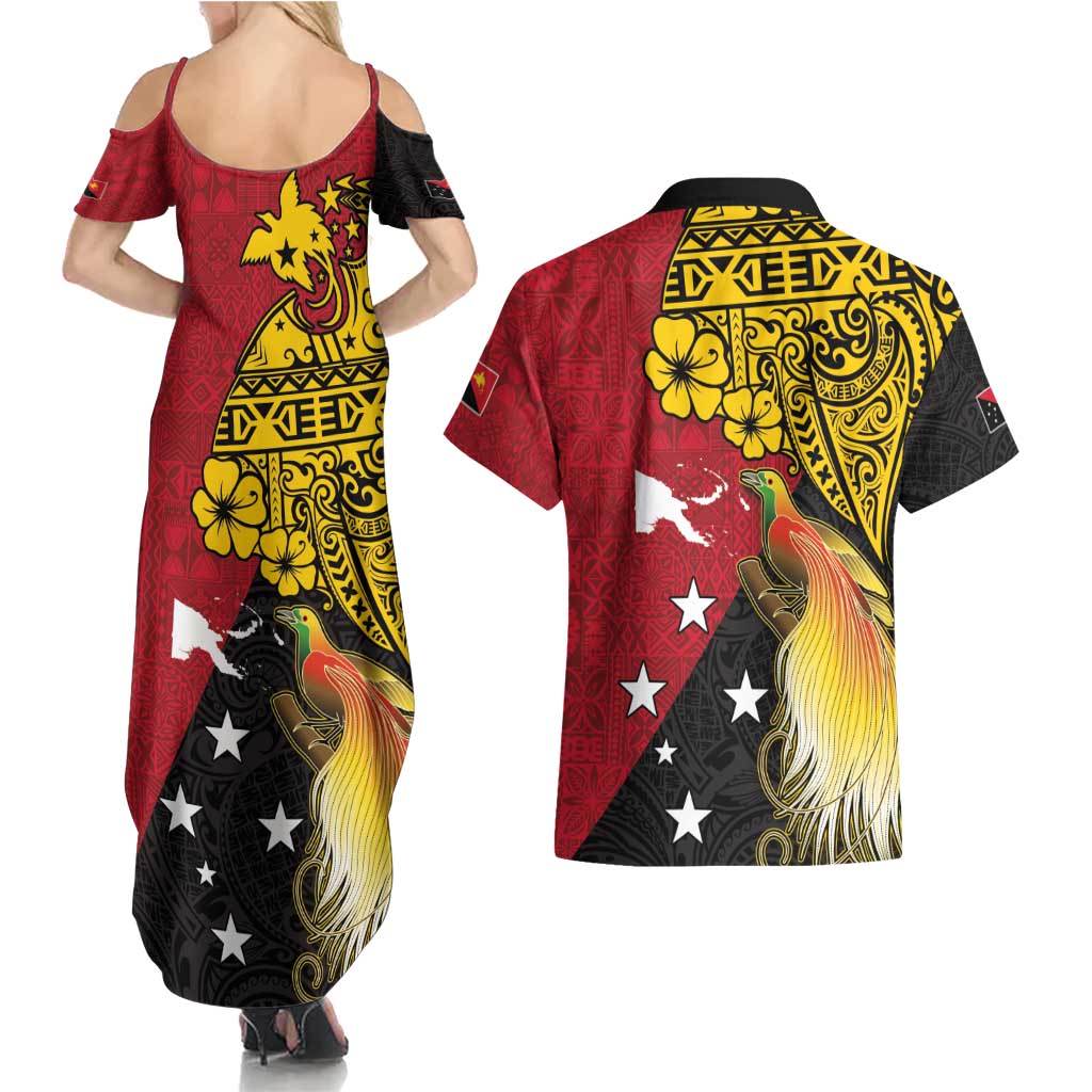 Papua New Guinea Independence Day Couples Matching Summer Maxi Dress and Hawaiian Shirt Bird-of-Paradise with Map and Polynesian Pattern