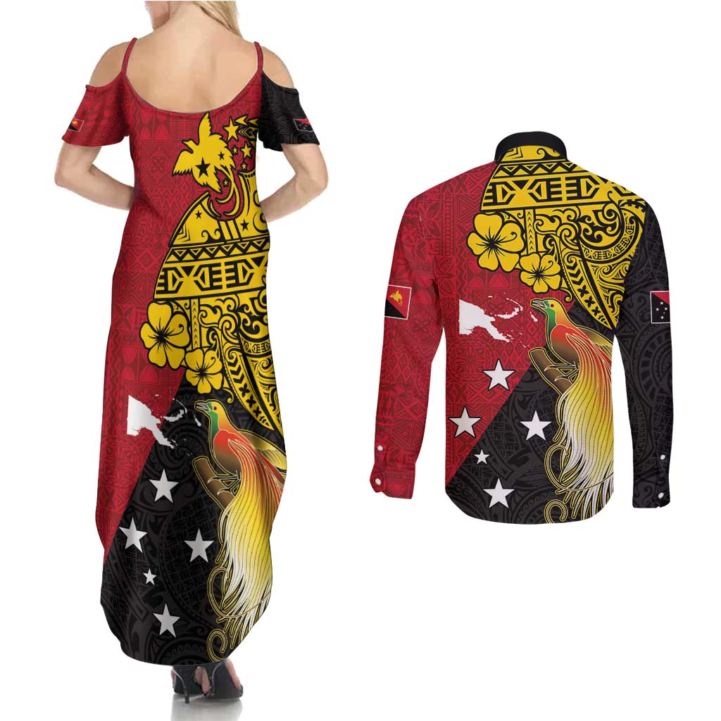 Papua New Guinea Independence Day Couples Matching Summer Maxi Dress and Long Sleeve Button Shirt Bird-of-Paradise with Map and Polynesian Pattern