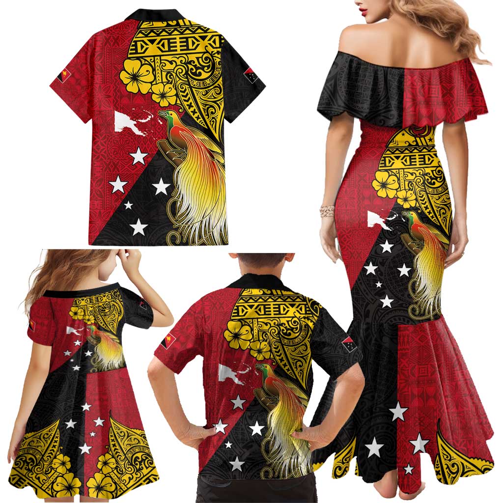 Papua New Guinea Independence Day Family Matching Mermaid Dress and Hawaiian Shirt Bird-of-Paradise with Map and Polynesian Pattern