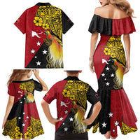 Papua New Guinea Independence Day Family Matching Mermaid Dress and Hawaiian Shirt Bird-of-Paradise with Map and Polynesian Pattern
