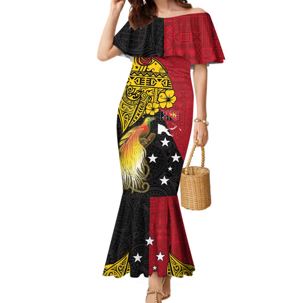 Papua New Guinea Independence Day Family Matching Mermaid Dress and Hawaiian Shirt Bird-of-Paradise with Map and Polynesian Pattern