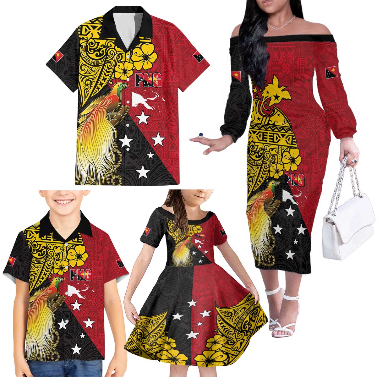 Papua New Guinea Independence Day Family Matching Off The Shoulder Long Sleeve Dress and Hawaiian Shirt Bird-of-Paradise with Map and Polynesian Pattern