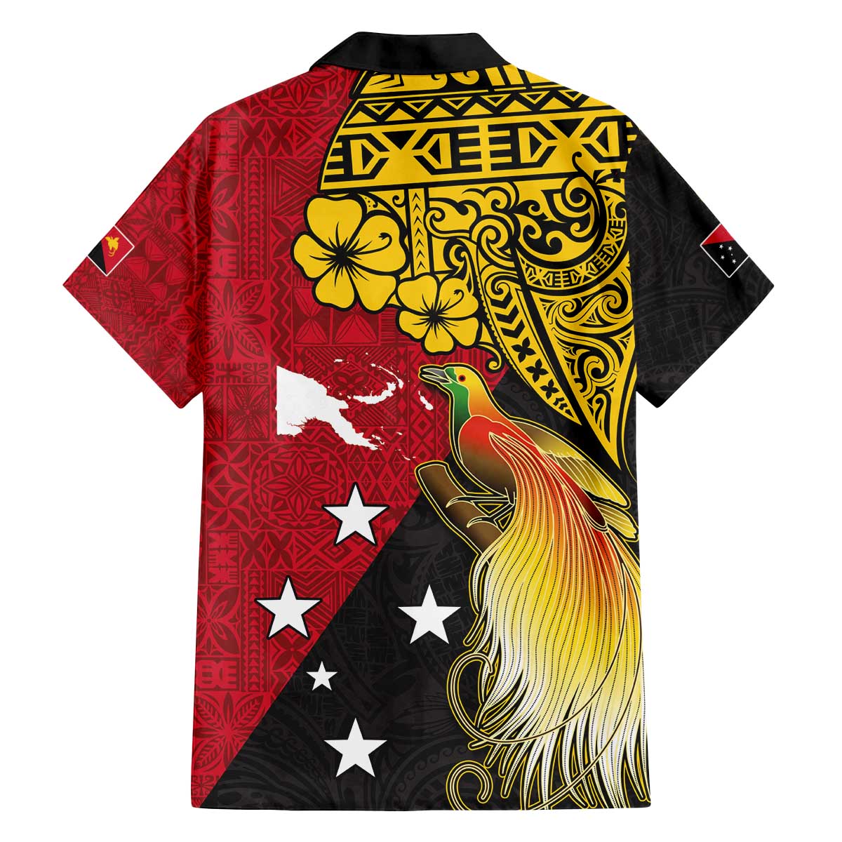 Papua New Guinea Independence Day Family Matching Off The Shoulder Long Sleeve Dress and Hawaiian Shirt Bird-of-Paradise with Map and Polynesian Pattern
