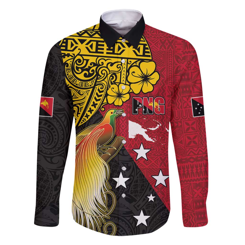 Papua New Guinea Independence Day Family Matching Off Shoulder Short Dress and Hawaiian Shirt Bird-of-Paradise with Map and Polynesian Pattern LT03 Dad's Shirt - Long Sleeve Black - Polynesian Pride