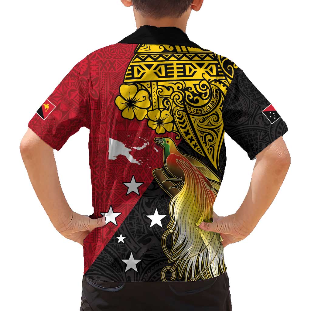 Papua New Guinea Independence Day Family Matching Short Sleeve Bodycon Dress and Hawaiian Shirt Bird-of-Paradise with Map and Polynesian Pattern