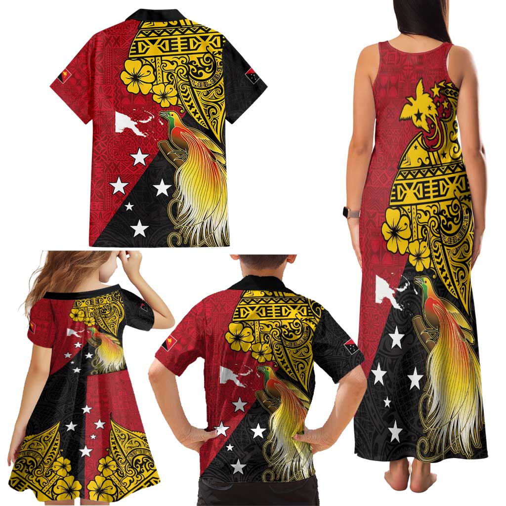 Papua New Guinea Independence Day Family Matching Tank Maxi Dress and Hawaiian Shirt Bird-of-Paradise with Map and Polynesian Pattern