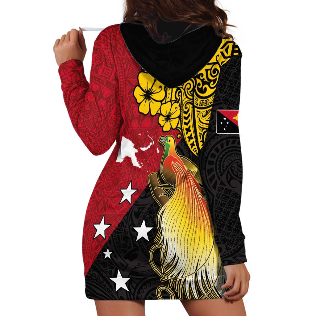 Papua New Guinea Independence Day Hoodie Dress Bird-of-Paradise with Map and Polynesian Pattern