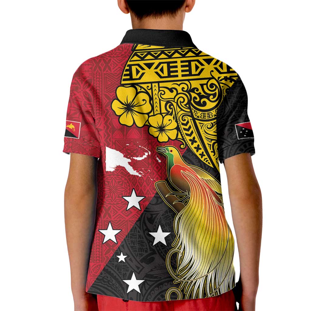 Papua New Guinea Independence Day Kid Polo Shirt Bird-of-Paradise with Map and Polynesian Pattern