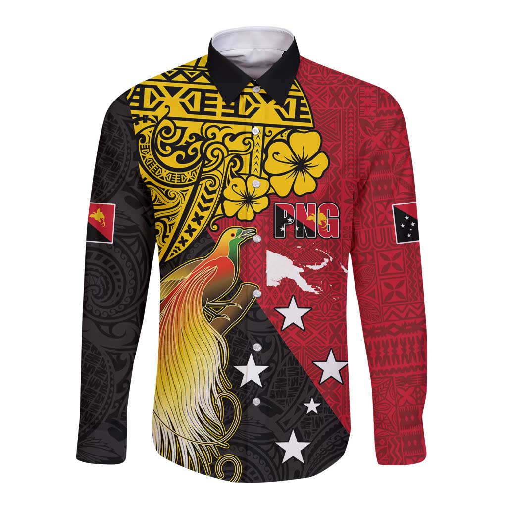 Papua New Guinea Independence Day Long Sleeve Button Shirt Bird-of-Paradise with Map and Polynesian Pattern LT03 Unisex Black - Polynesian Pride