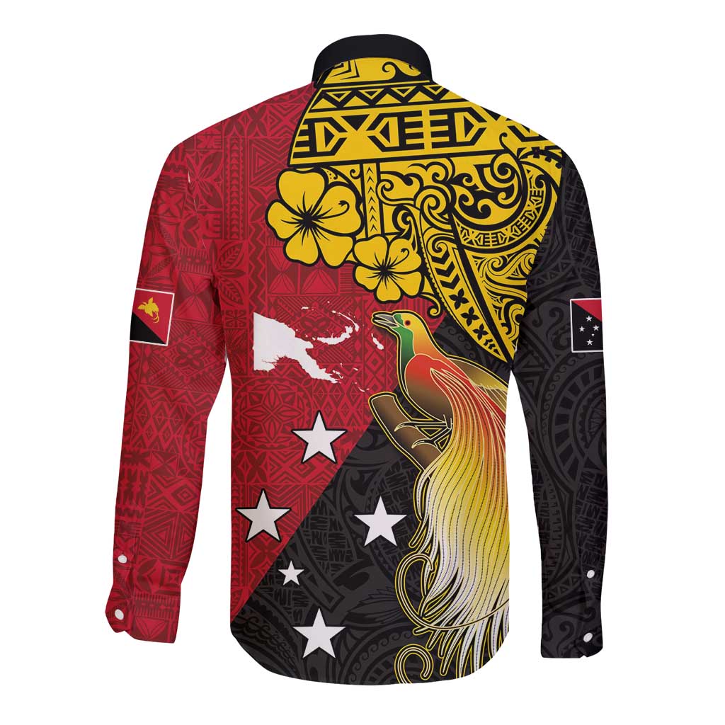 Papua New Guinea Independence Day Long Sleeve Button Shirt Bird-of-Paradise with Map and Polynesian Pattern LT03 - Polynesian Pride