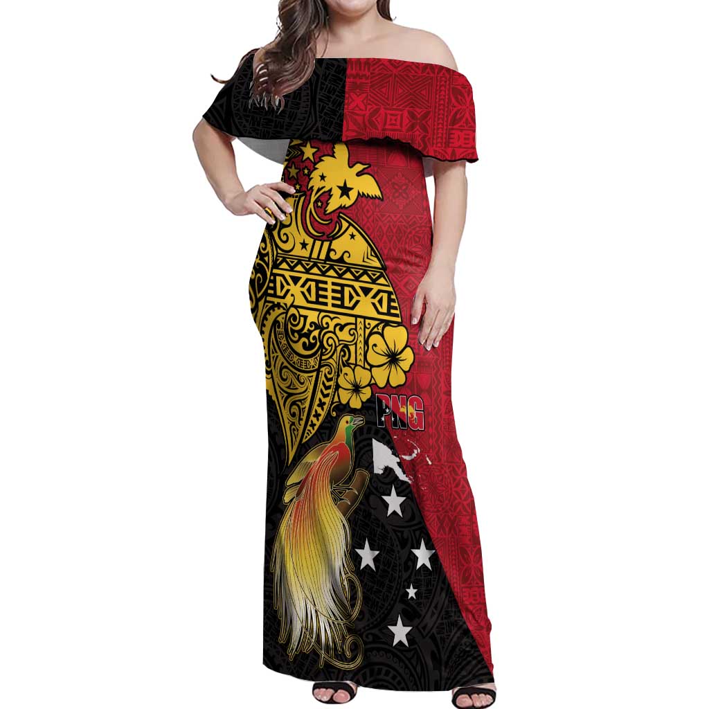 Papua New Guinea Independence Day Off Shoulder Maxi Dress Bird-of-Paradise with Map and Polynesian Pattern LT03 Women Black - Polynesian Pride