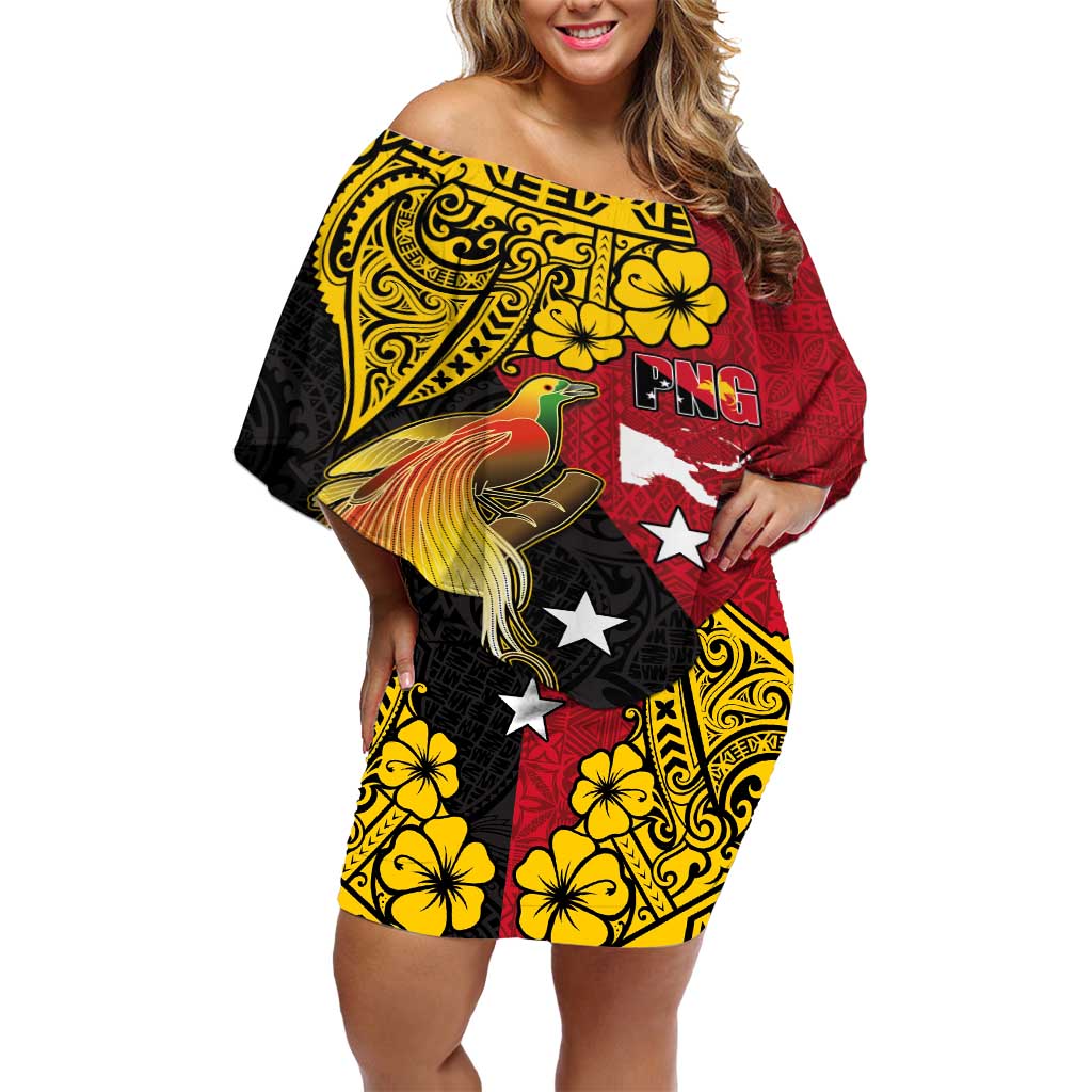Papua New Guinea Independence Day Off Shoulder Short Dress Bird-of-Paradise with Map and Polynesian Pattern LT03 Women Black - Polynesian Pride