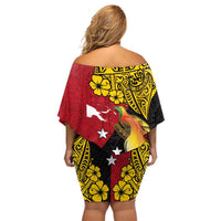 Papua New Guinea Independence Day Off Shoulder Short Dress Bird-of-Paradise with Map and Polynesian Pattern LT03 - Polynesian Pride