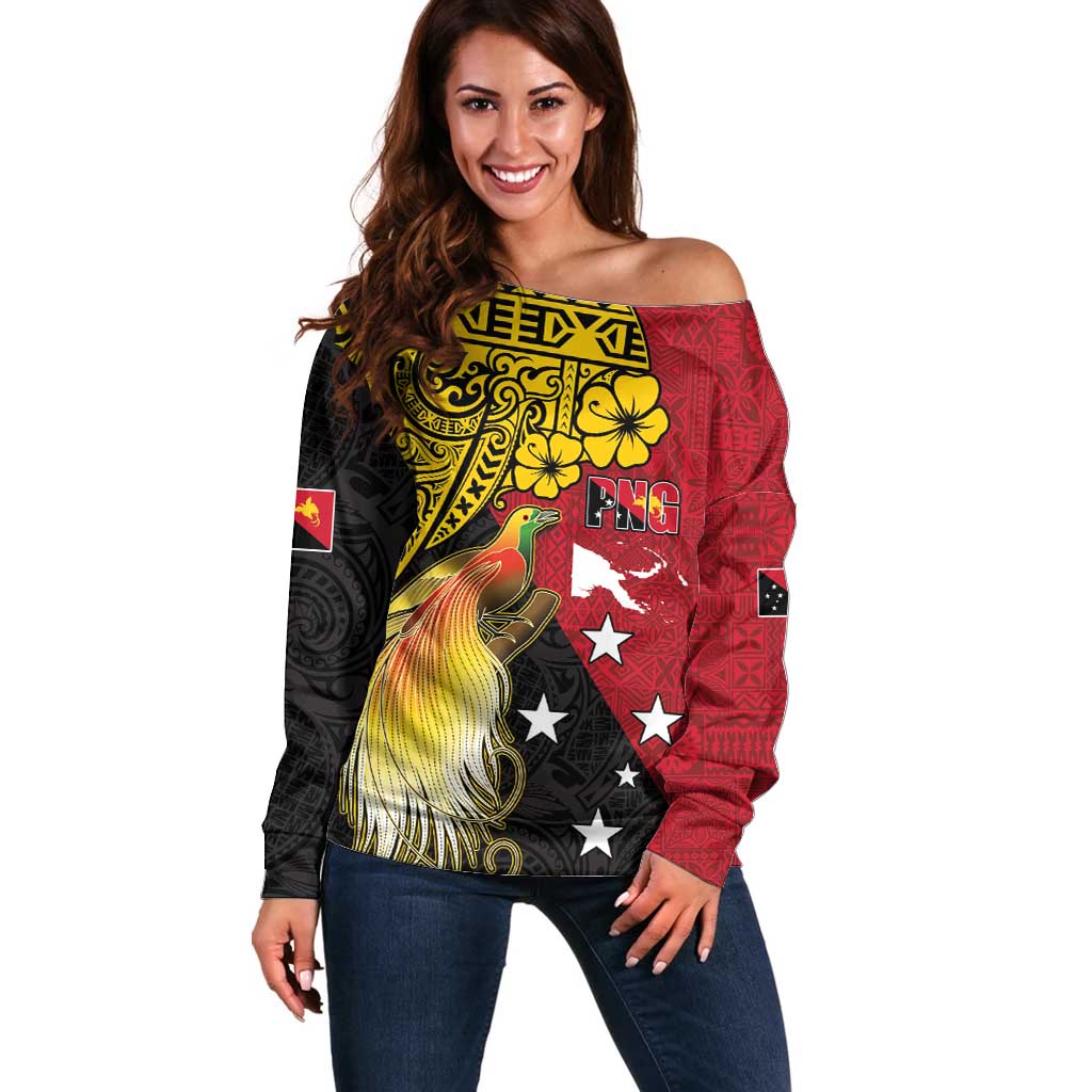 Papua New Guinea Independence Day Off Shoulder Sweater Bird-of-Paradise with Map and Polynesian Pattern LT03 Women Black - Polynesian Pride
