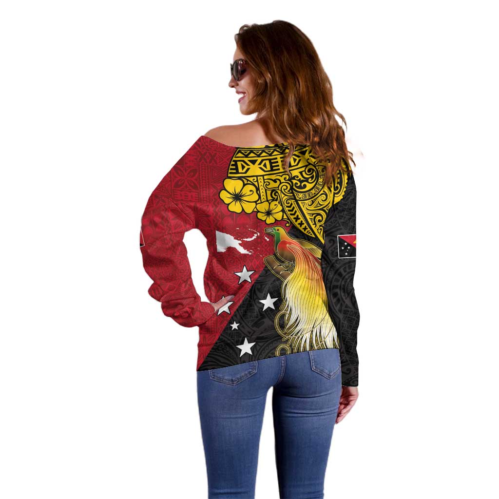 Papua New Guinea Independence Day Off Shoulder Sweater Bird-of-Paradise with Map and Polynesian Pattern LT03 - Polynesian Pride