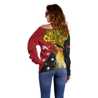 Papua New Guinea Independence Day Off Shoulder Sweater Bird-of-Paradise with Map and Polynesian Pattern LT03 - Polynesian Pride