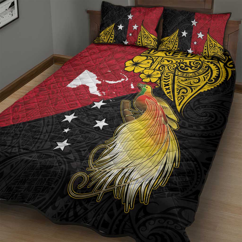 Papua New Guinea Independence Day Quilt Bed Set Bird-of-Paradise with Map and Polynesian Pattern