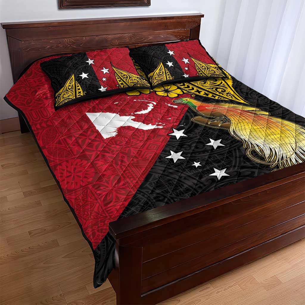 Papua New Guinea Independence Day Quilt Bed Set Bird-of-Paradise with Map and Polynesian Pattern