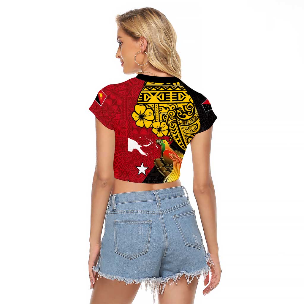 Papua New Guinea Independence Day Raglan Cropped T Shirt Bird-of-Paradise with Map and Polynesian Pattern