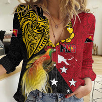 Papua New Guinea Independence Day Women Casual Shirt Bird-of-Paradise with Map and Polynesian Pattern