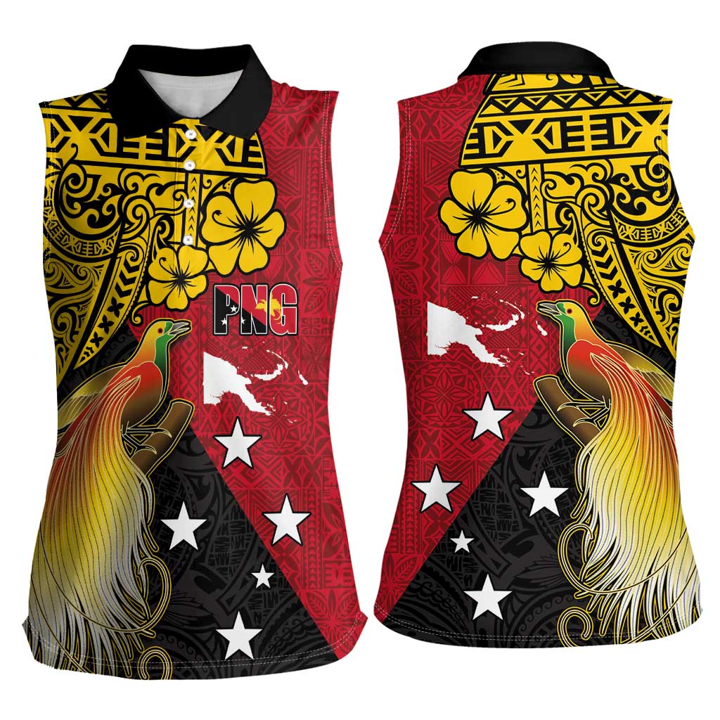 Papua New Guinea Independence Day Women Sleeveless Polo Shirt Bird-of-Paradise with Map and Polynesian Pattern