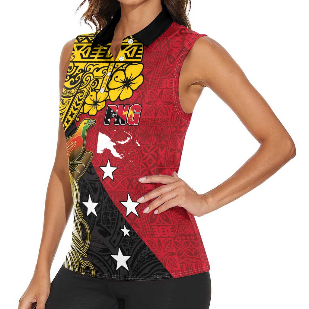 Papua New Guinea Independence Day Women Sleeveless Polo Shirt Bird-of-Paradise with Map and Polynesian Pattern