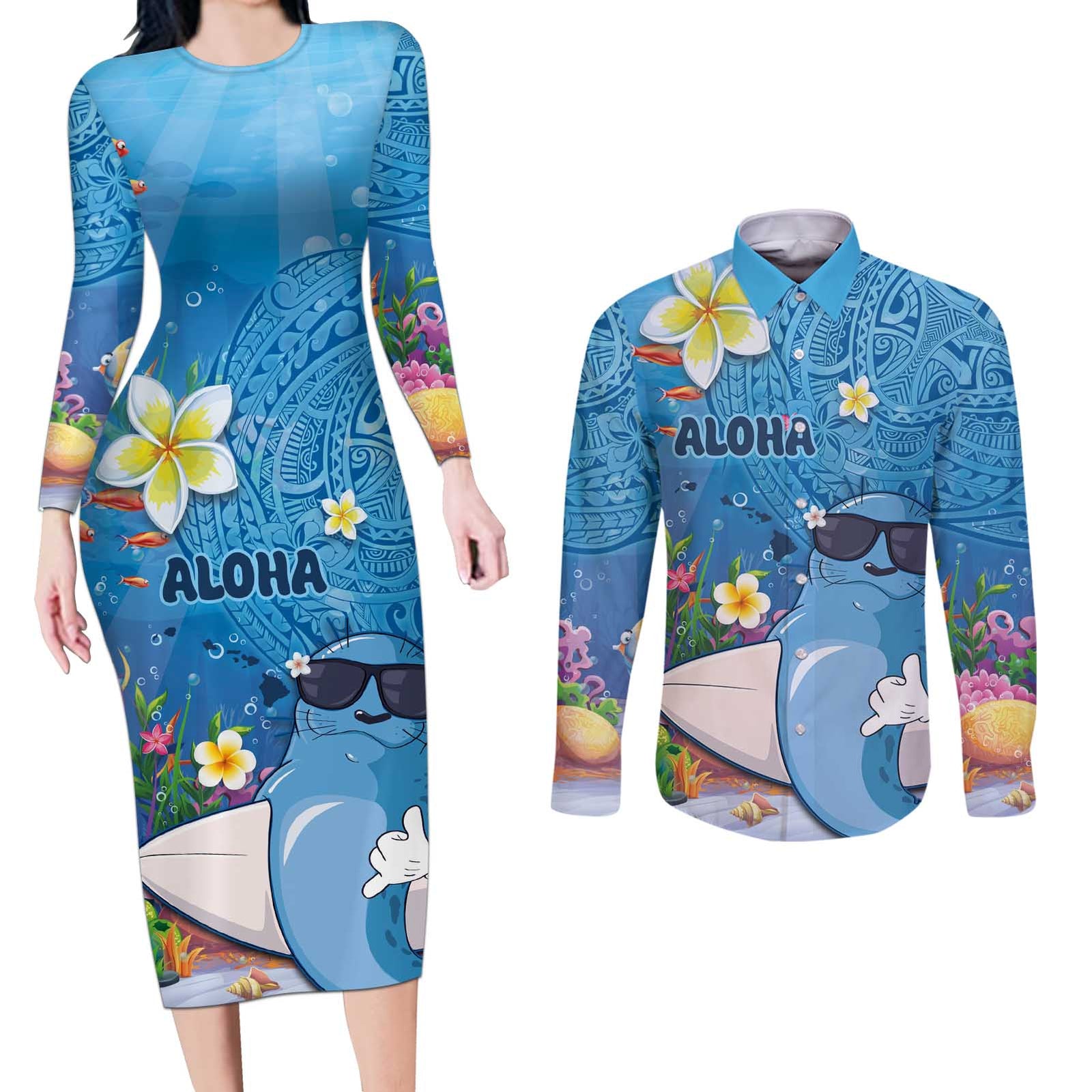 Aloha Hawaiian Monk Seal Couples Matching Long Sleeve Bodycon Dress and Long Sleeve Button Shirt Polynesian Tattoo The Ocean and Undersea Vibe LT03 Blue - Polynesian Pride