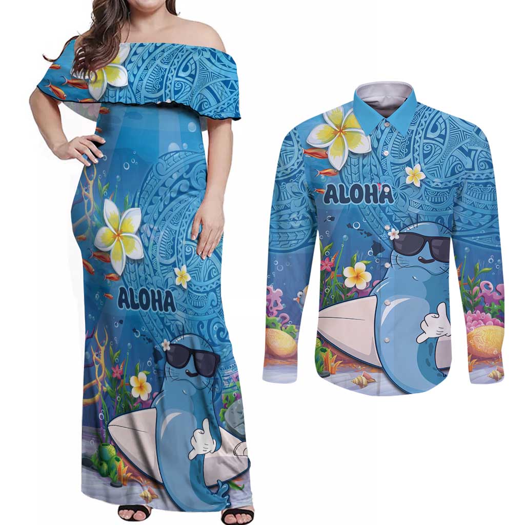 Aloha Hawaiian Monk Seal Couples Matching Off Shoulder Maxi Dress and Long Sleeve Button Shirt Polynesian Tattoo The Ocean and Undersea Vibe