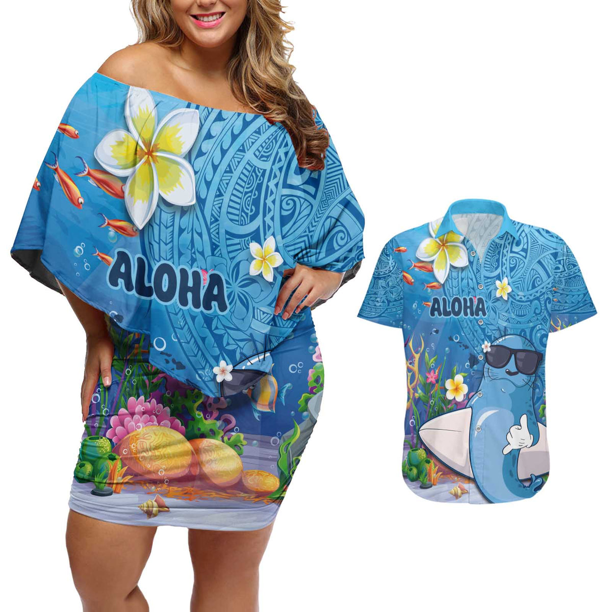 Aloha Hawaiian Monk Seal Couples Matching Off Shoulder Short Dress and Hawaiian Shirt Polynesian Tattoo The Ocean and Undersea Vibe