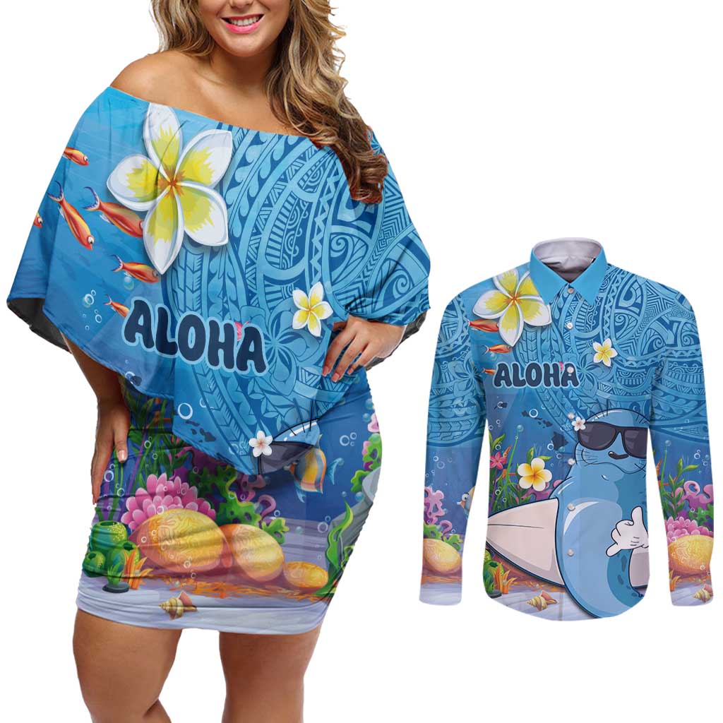 Aloha Hawaiian Monk Seal Couples Matching Off Shoulder Short Dress and Long Sleeve Button Shirt Polynesian Tattoo The Ocean and Undersea Vibe LT03 Blue - Polynesian Pride