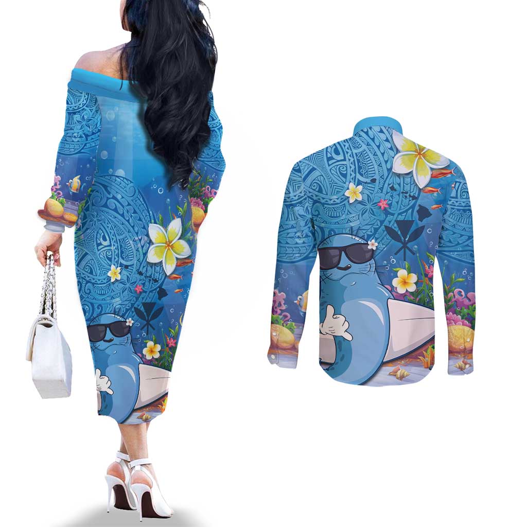 Aloha Hawaiian Monk Seal Couples Matching Off The Shoulder Long Sleeve Dress and Long Sleeve Button Shirt Polynesian Tattoo The Ocean and Undersea Vibe