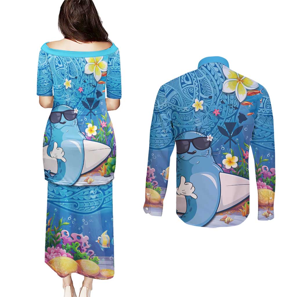 Aloha Hawaiian Monk Seal Couples Matching Puletasi and Long Sleeve Button Shirt Polynesian Tattoo The Ocean and Undersea Vibe