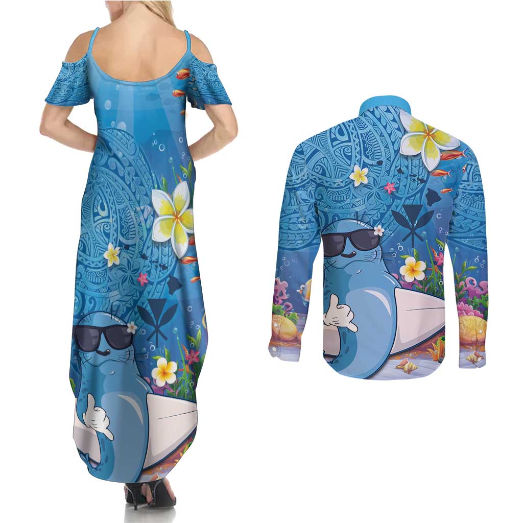 Aloha Hawaiian Monk Seal Couples Matching Summer Maxi Dress and Long Sleeve Button Shirt Polynesian Tattoo The Ocean and Undersea Vibe