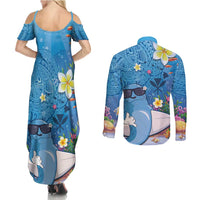 Aloha Hawaiian Monk Seal Couples Matching Summer Maxi Dress and Long Sleeve Button Shirt Polynesian Tattoo The Ocean and Undersea Vibe